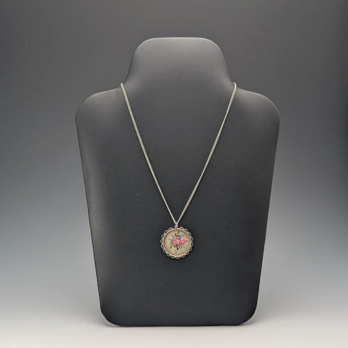 Vintage sterling silver hand-painted rose pendant with necklace